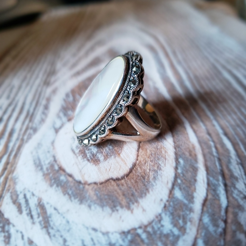 Genuine Mother-of-Pearl, Marcasite & SS oval ring